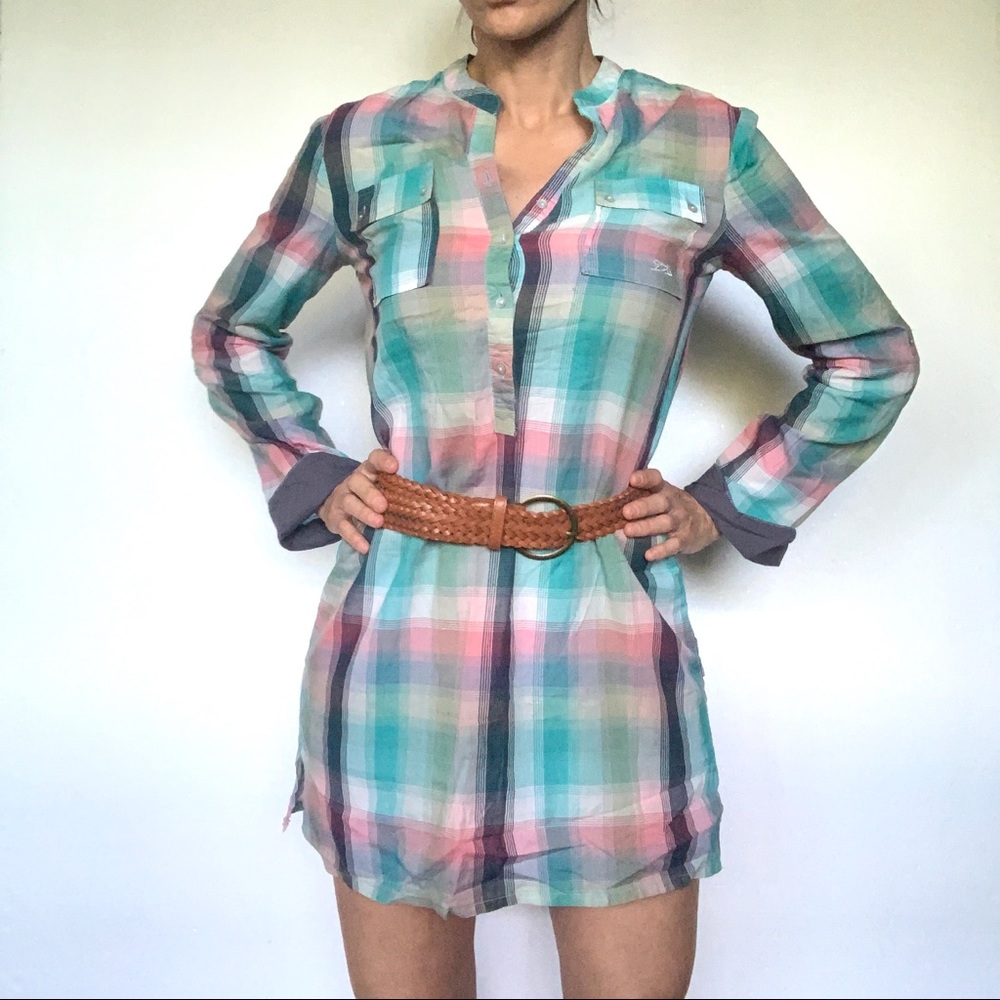 Long Sleeve V Neck Pocket Shirt Dress Tunic Top Casual Blouse - NEw